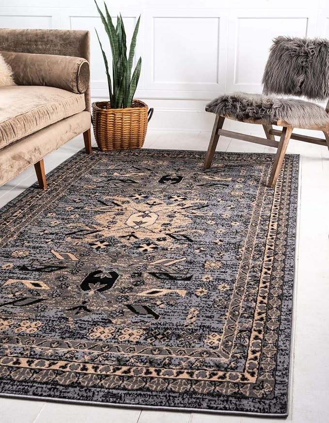 Unique Loom Taftan Collection Border Geometric Tribal Inspired Design Area Rug (9' 0 x 12' 0 Rectangular, Gray/ Black)