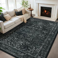 Black Vintage Distressed 8x10 Area Rugs for Living Room, Washable Non Slip Bedroom Rugs Under Bed Faux Wool Soft, Dark Medallion Pinted Thin Carpet for Dining Room Home Office