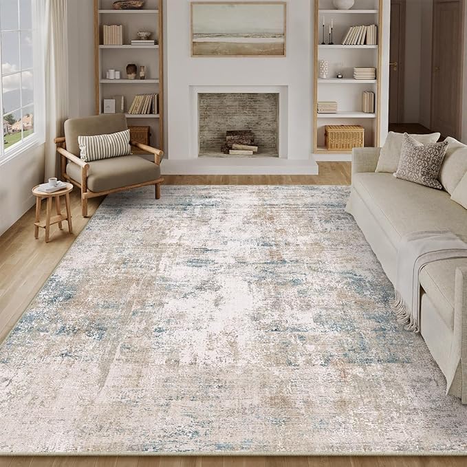 10x14 Area Rug Beige Blue Abstract Living Room Bedroom Washable Carpet Neutral Modern Non Slip Soft Low Pile Large Throw Rug for Dining Room Kitchen Office