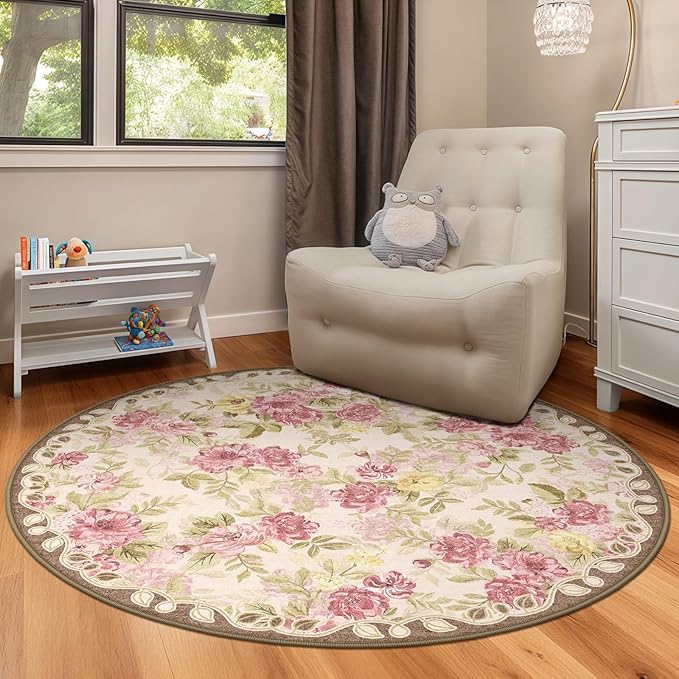 4ft Round Machine Washable Area Rug for Living Room, Pink Vintage Boho Floral Rug Large Non-Slip Low Pile Soft Faux Wool Carpet, Kids and Pets Friendly for Bedroom Nursery Farmhouse Home Decor Rug