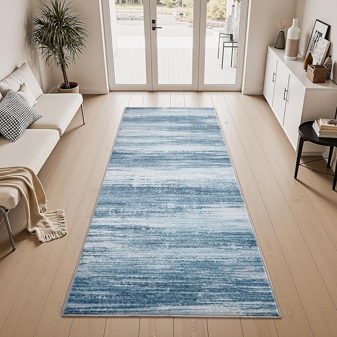 PADOOR Modern Abstract Runner Rug - 2x6 Washable Hallway Rugs, Ultra Soft Non-Slip Low Pile Floor Rugs for Hallway Entryway Kitchen Bedroom Bedside Laundry Room Blue