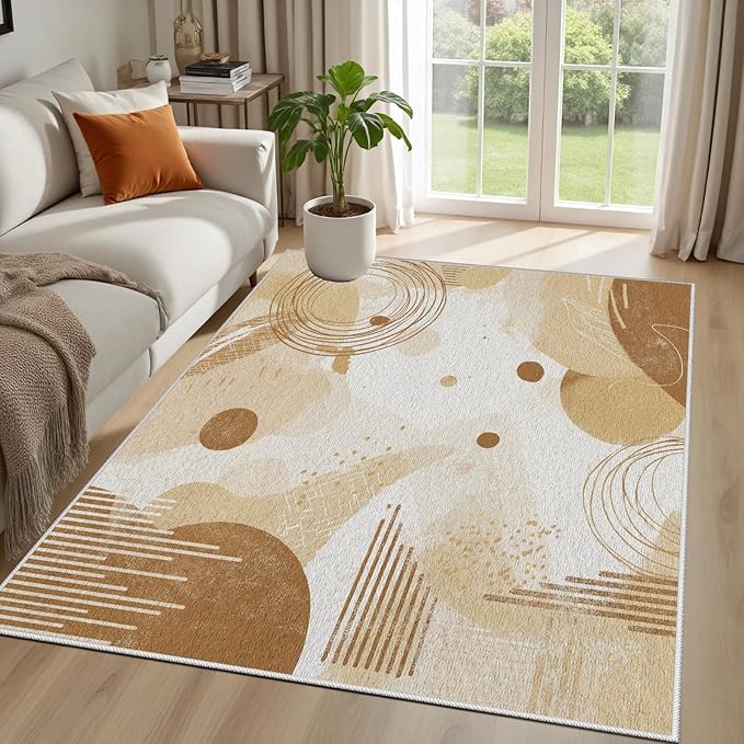 Minimalist Abstract Area Rug 4x5 Beige Boho, Modern Washable Geometric Art Carpet, Soft Non-Slip Low-Pile Carpet for Living Room, Bedroom, Kitchen, Dining Room, Pet Friendly, Non-Shedding, Brown