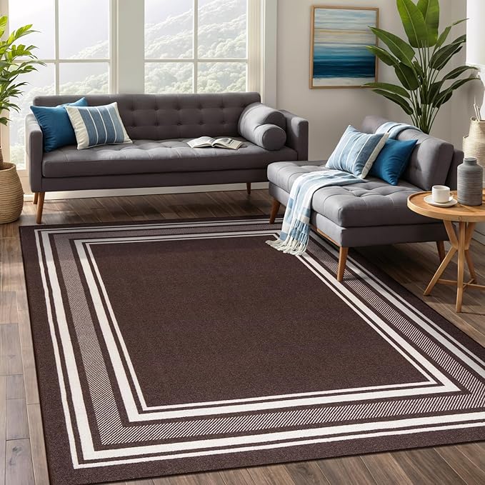 Beverly Rug Non Slip Area Rugs 8x10 Modern Bordered Non Skid Rubber Backing Soft Area Rug for Living Dining Room Easy to Clean Non Shedding Kitchen Bedroom Indoor Carpet 8 x 10 Brown