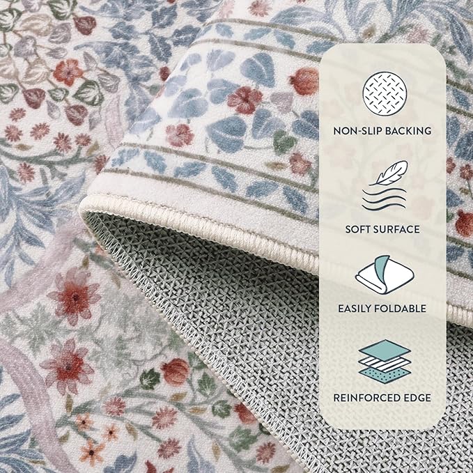 Lahome Floral Washable Rugs 8x10, Soft 8x10 Area Rugs for Living Room Bedroom, Boho Non-Slip Forest Stain Resistance Large Throw Carpet for Farmhouse Dining Room Office, Beige/Blue