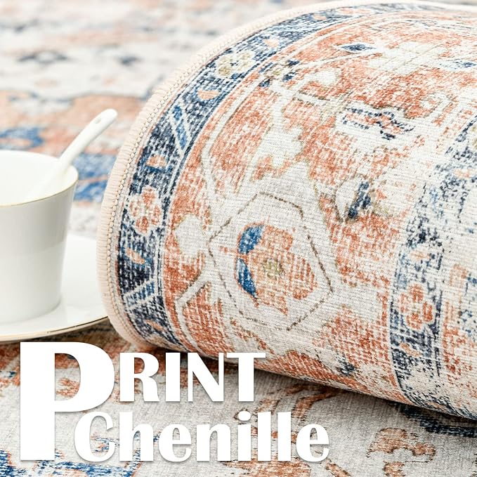 jinchan Kelda Round Rug 4ft Washable Area Rug Indoor Vintage Floor Cover Distressed Circle Mat 4' Round Lightweight Non Slip Low Pile Thin Carpet for Entryway Kitchen Living Room Bedroom Orange