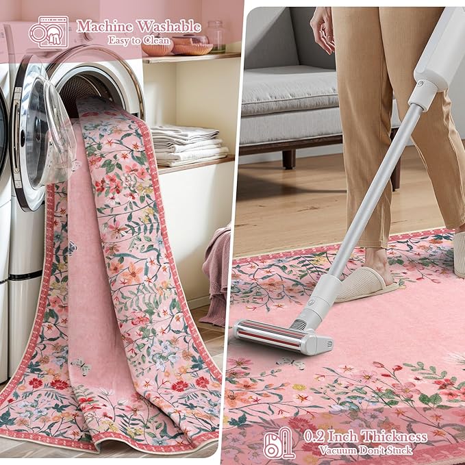 Wonnitar Washable Pink Floral 8x10 Rugs for Bedroom, Non-Slip Living Room Area Rug, Cute Nursery Large Botanical Area Rug, Soft Floor Carpet for Playroom Closet (Pink,8'x10')
