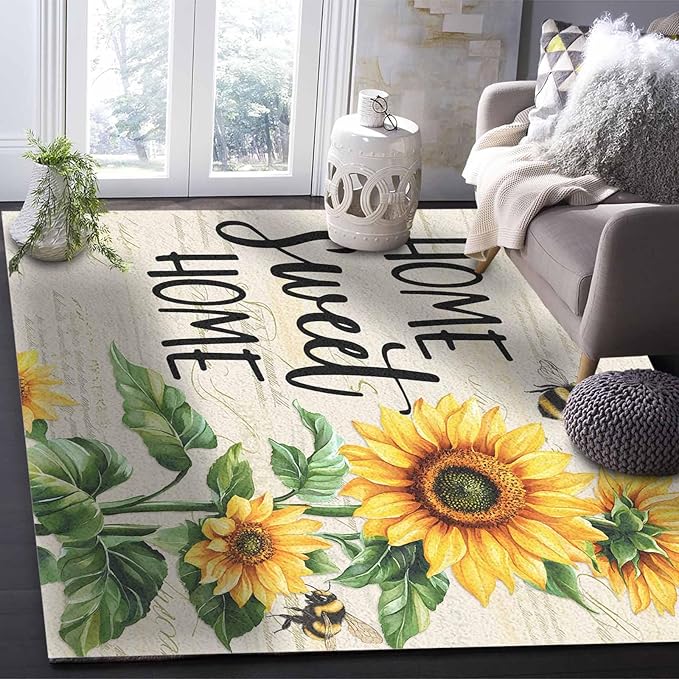 Summer Sunflowers Rectangular Area Rugs for Living Room Bedroom 5 x 8 ft Rustic Floral Bees Green Leaves Non-Shedding Soft Low Pile Rug Non Slip Washable Rug for Nursery Entryway Playroom