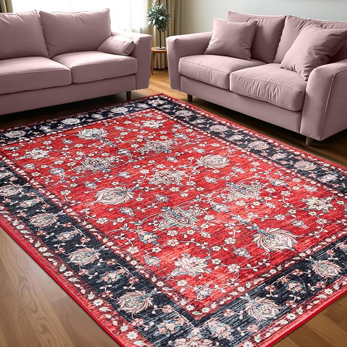 4x6 Washable Area Rug，Scarlet Red Vintage Accent Carpet with Navy Border, Boho Rug for Living Room, Dining Room，Bedroom, Entryway, Kitchen, Office, Indoor Non-Slip Mat, Holiday Ready
