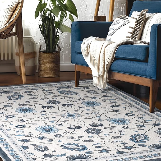 EVERGRACE Area Rugs for Living Room 4x6, Boho Floral Faux Wool Indoor Outdoor Rugs, Washable Rugs for Bedroom Entryway Dining Room Hallyway, Low Pile Floor Mat Carpet for Home Decor, Porcelain Blue