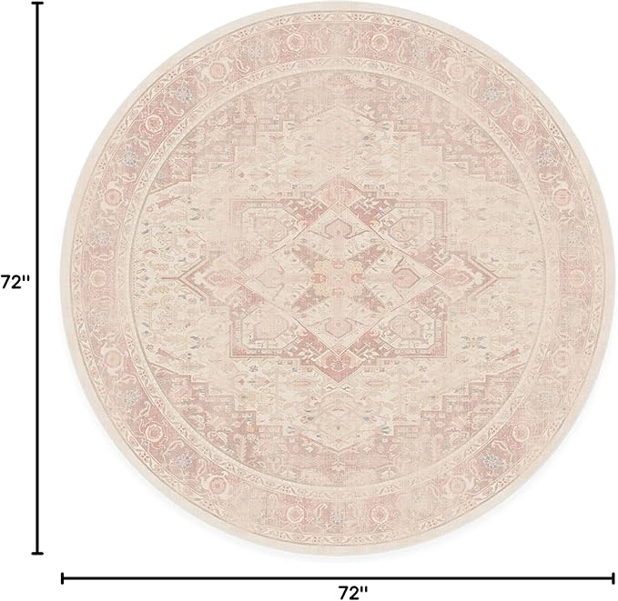 RUGGABLE Washable Area Rug – Kamran Soft Pink 6 ft Round, Stain-Resistant, Non-Slip – Medium Machine Washable Rugs for Living Room, Bedroom, Hallway, Entryway & Office–with Cushioned Pad