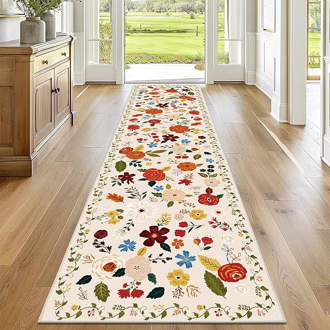 U'Artlines Runner Rug for Hallways & Kitchen - 2'6" x 10' Colorful Soft Non Slip Washable Boho Floral Floor Carpet for Entryway, Laundry Room, Bathroom - Beige