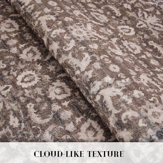 Vintage Floral 2x6 Runner Rug, Mocha Brown Washable Kitchen Runner Rug Non-Slip Hallway Rug Runner Boho Thin Printed Faux Wool Super Soft Carpet for Entryway Bedroom Laundry Room Indoor