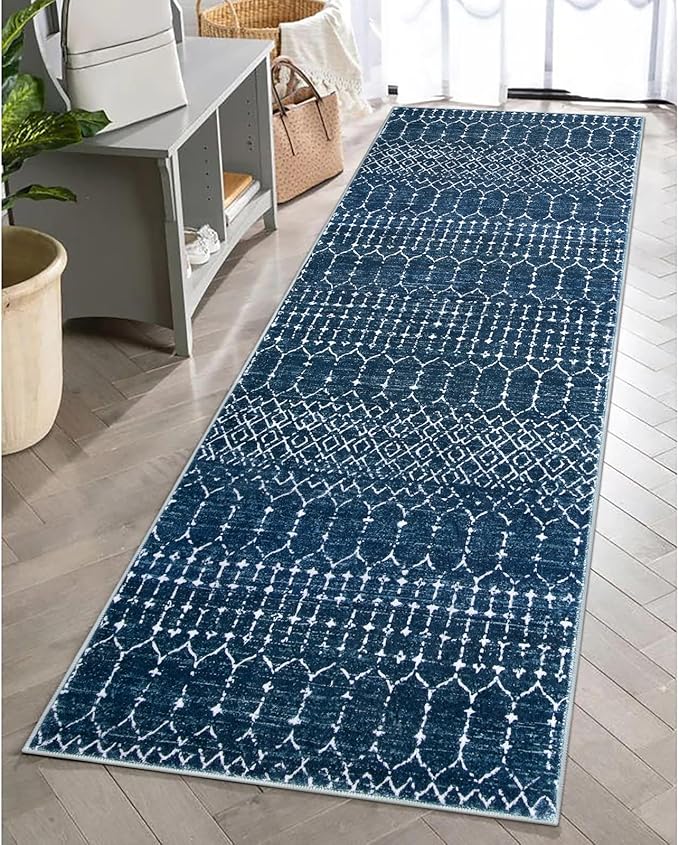 Lahome Moroccan Washable Kitchen Runner 2x8 Carpet Runners for Hallway 8Ft Low-Profile Non-Slip, Indoor Geometric Print Distressed Rug for Entryway Laundry Room Foyer, (Blue,2'x8')