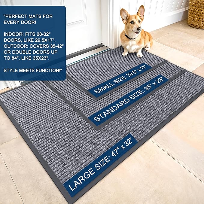 OLANLY Front Door Mat Indoor Outdoor Entrance, Waterproof Heavy Duty Doormat, Fade Resistant, Low Profile, Easy Clean Patio Porch Welcome Floor Mats for Entry, 47x34, Light Gray
