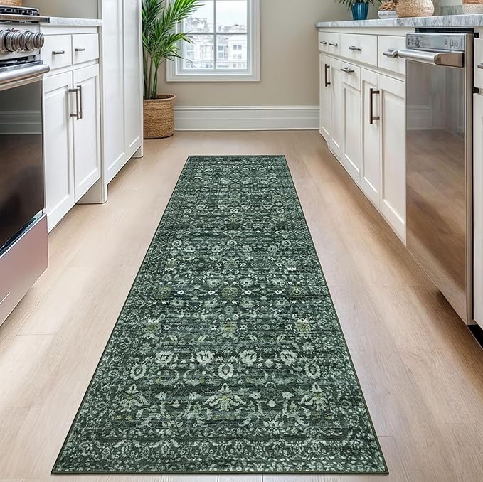 Vintage Floral 2.6x8 Runner Rug, Dark Green Washable Kitchen Runner Rug Non-Slip Hallway Rug Runner Boho Thin Printed Faux Wool Super Soft Carpet for Entryway Bedroom Laundry Room Indoor