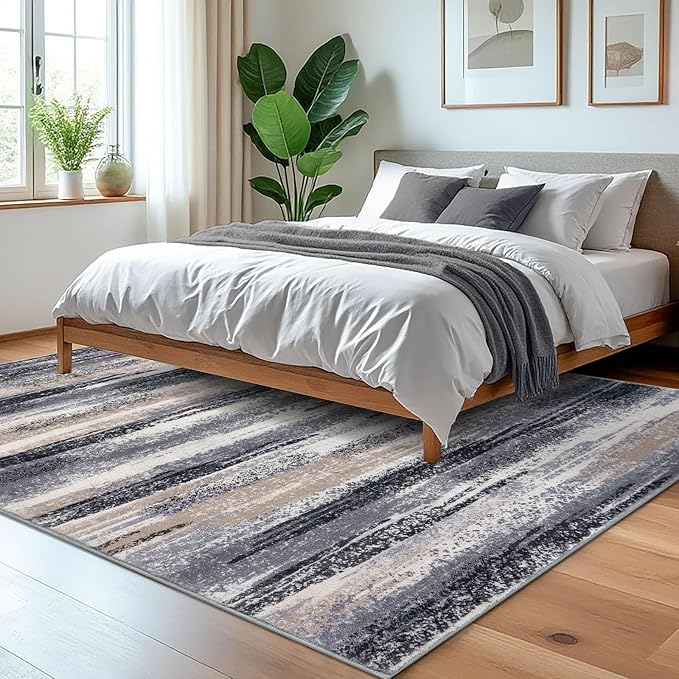 Modern Abstract 5x7 Machine Washable Area Rug Non-Slip Soft Bedroom Living Romm Rug Grey Black Multi Ultra Thin Print Faux Wool Floor Carpet Throw Rugs for Nursery Playroom Dining Room Indoor