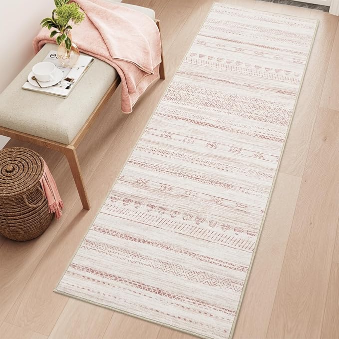 2x6 Pink Runner Rug Machine Washable Non Slip Area Rug Distressed Neutral Moroccan Boho Rug Ultra Soft Floor Runners for Hallways for Entryway Laundry Room Kitchen