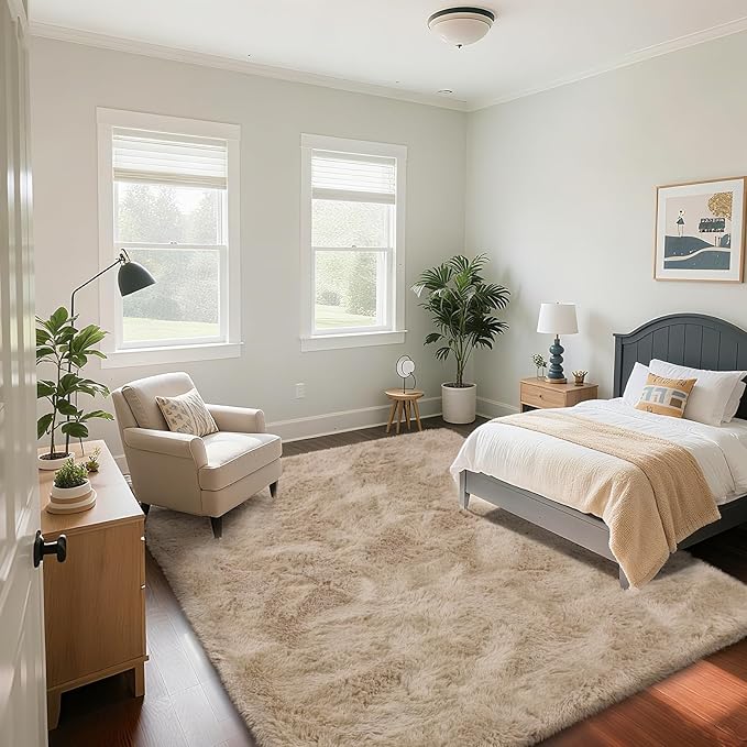 Fluffy Rug Shaggy Area Rug, Beige 5x8 Area Rugs for Bedroom, Small Bedside Rug, Soft Fluffy Shaggy Entryway Throw Rugs for Living Room Bedroom Kids Room Home Decor