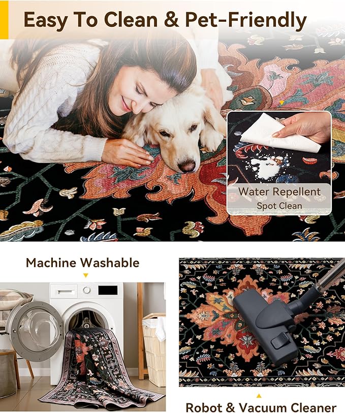 Area Rugs 2'x5' Washable Non-Slip, Floral Vintage Distress Print Pattern Medallion Carpet for Living Room Bedroom Dining Room, Black Colorful Floral Dark Tan