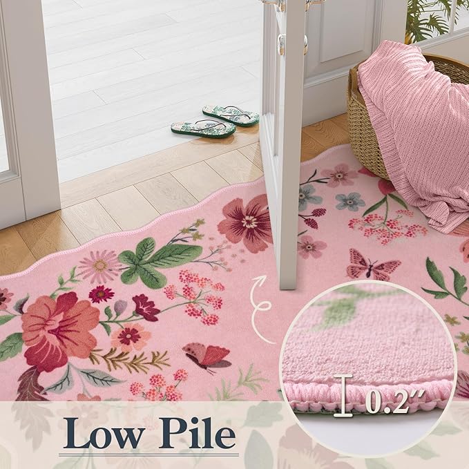 Lahome Floral Washable Rugs, 4X6 Pink Rugs for Bedroom Girls Ultra-Thin Soft Living Room Rug, Non-Slip Stain Resistant Boho Lightweight Low-Pile Throw Carpet for ‎Nursery Office (4x6ft, Pink)
