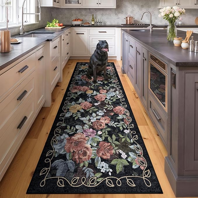 2'6''x8' Machine Washable Runner Rug, Kitchen Hallway Area Rug Black Vintage Boho Floral Ultra Non-Slip Low Pile Soft Faux Wool Carpet, Kids and Pets Friendly for Bedroom Entryway Nursery Decor Rug