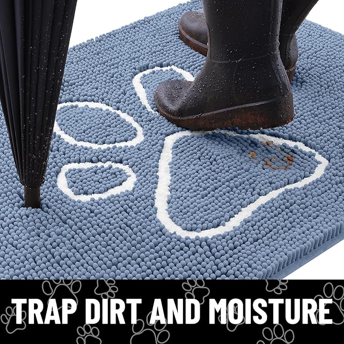 Smiry Dog Door Mat for Muddy Paws, Absorbent Dirt Trapper Non Slip Quick Dry Washable Chenille Mat for Mud Dogs, Entry Rug for Indoor and Outdoor (71x46 Inches, Airy Blue and White)