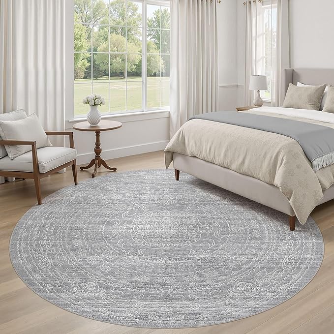 8ft Round Rug Living Room: Washable Large Vintage Rug Neutral Non-Slip Soft Stain Resistant Indoor Carpet for Bedroom Nursery Dining Room Under Table Bed Home House Office Playroom - Grey