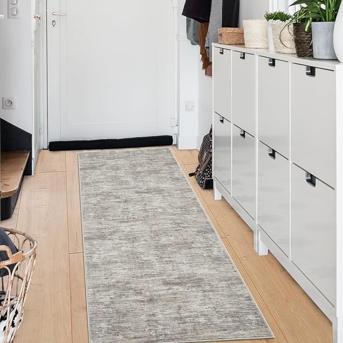 RUGSREAL Modern Runner Rug 2.5x8 Stain Resistant Washable Kitchen Runner Carpet ith Rubber Backing Low Pile Contemporary Solid Color Entryway Mat Ultra Soft Rug for Living Room Bedroom, Taupe