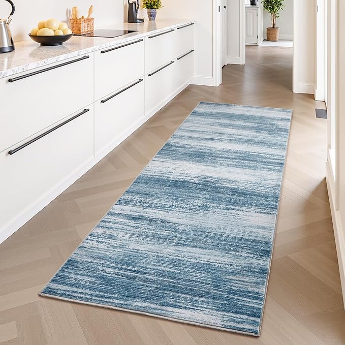 PADOOR Modern Abstract Runner Rug - 2.6x8 Washable Hallway Rugs, Ultra Soft Non-Slip Low Pile Floor Rugs for Hallway Entryway Kitchen Bedroom Bedside Laundry Room Blue
