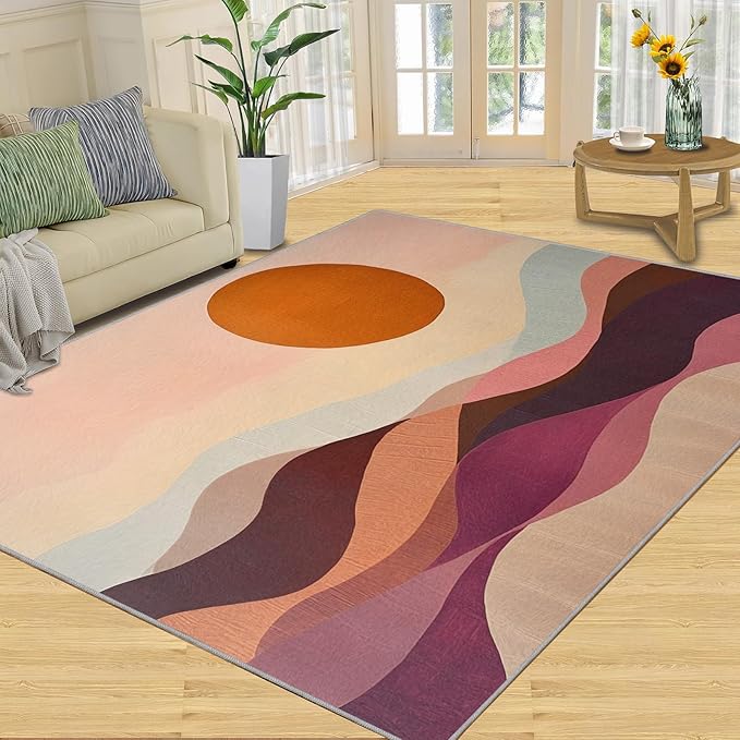 Boho Sun Area Rugs 4x5ft, Minimalist Line Kids Play Rug, Geometric Solar Throw Rugs Bedroom Fluffie Soft for Coffee Shop Living Room Under Table Game Room