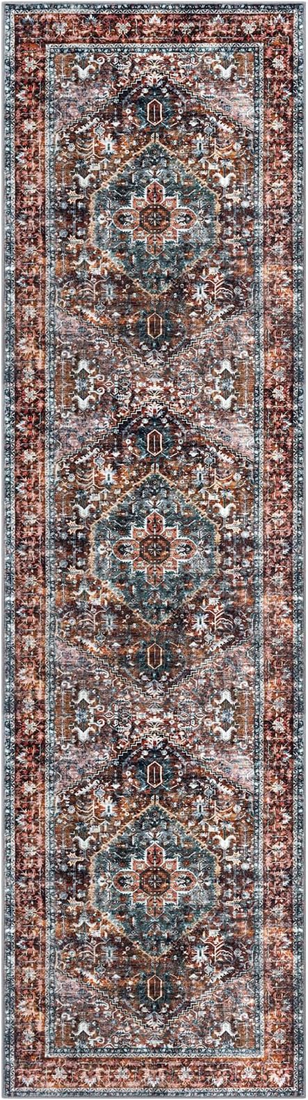 KOZYFLY Runners for Hallways 2x7 Ft Washable Kitchen Runner Rug Boho Runner Rug for Entryway Indoor Printed Oriental Faux Wool Floor Carpet Runner for Bedroom Kitchen Hall, Brick Red/Orange/Green