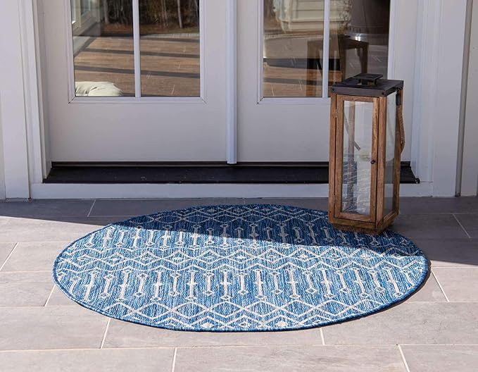 Unique Loom Outdoor Trellis Collection Area Rug - Tribal Trellis (7' 1" Round, Blue/ Ivory)