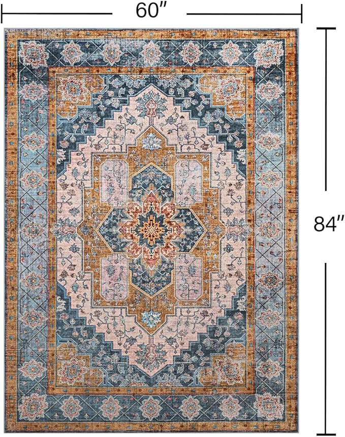 YJ.GWL Area Rugs for Living Room 5x7 Machine Washable Rugs, Non Slip Floral Vintage Rug Indoor Carpet, Stain Resistant Large Rug for Bedroom Dining Room, Brown Blue