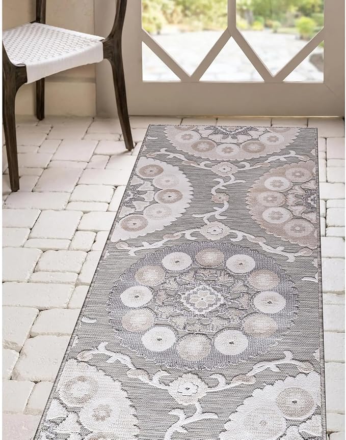 CAMILSON Runner Outdoor Rugs Oriental Retro Traditional Floral Medallion Area Rug 2x10 Non-Shedding Stain Resistant Indoor Carpet for Bathroom Hallway Kitchen Office (2 x 10 / Beige)