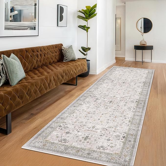 Light Gray Kitchen Rug 10 ft Long - Modern Neutral Boho Unique Floral with Brown Accent, Washable Low Pile Non-Slip Extra Long Wide Runner Rugs for Hallway, 3x10
