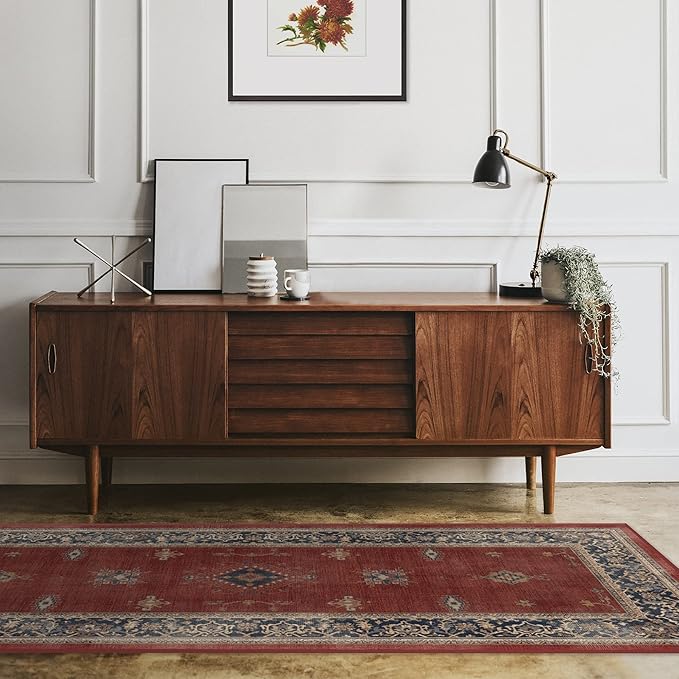 RUGGABLE Washable Vintage Area Rug – Verena Amber Red 6 ft Round, Stain-Resistant, Non-Slip – Medium Machine Washable Rugs for Living Room, Bedroom, Hallway, Entryway & Office–with Standard Pad