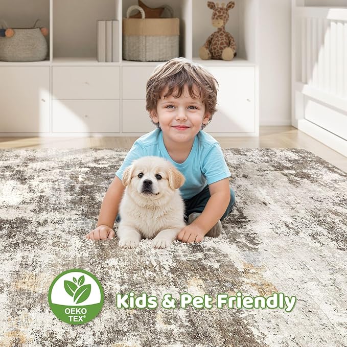 8x10 Area Rugs Living Room: Washable Large Abstract Neutral Modern Soft Rug Stain Resistant Indoor Floor Non-Slip Accent Carpet for Bedroom Nursery Playroom Dining Room Office Dorm Home- Brown Yellow