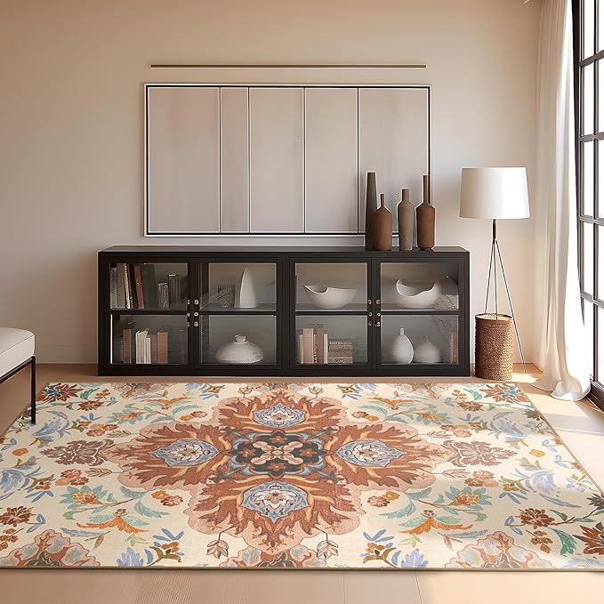 Phantoscope Washable Area Rug 4'x6' Non-Slip, Vintage Boho Rugs for Living Room, Bedroom, Dining Room, Fall Orange Floral Medallion Pattern, Low-Pile Foldable Floor Carpet, Rust/Multi Floral