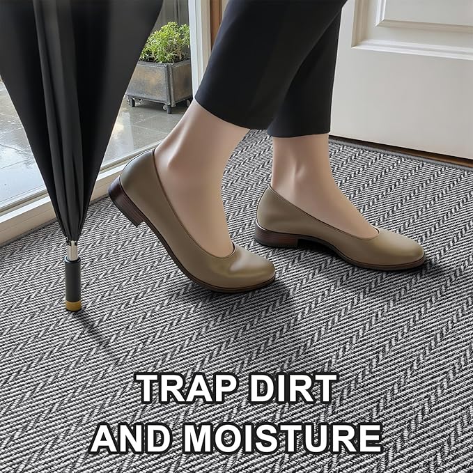 Ultra Thin Door Mat Indoor Entrance 24"x36", Low-Profile Indoor Door Mat, Non Slip Entry Mat Rubber Backing Unique Herringbone Design Inside Doormat Dirt Trapper Entryway Mats, Grey
