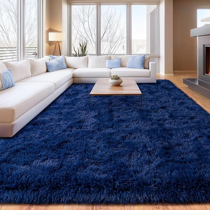 Shag Area Rugs for Living Room, Soft Fuzzy Plush Rugs, Upgrade Anti-Skid Modern Furry Rugs Fluffy Carpets for Kids Room Nursery Home Decor Dark Blue, 6X9 Feet