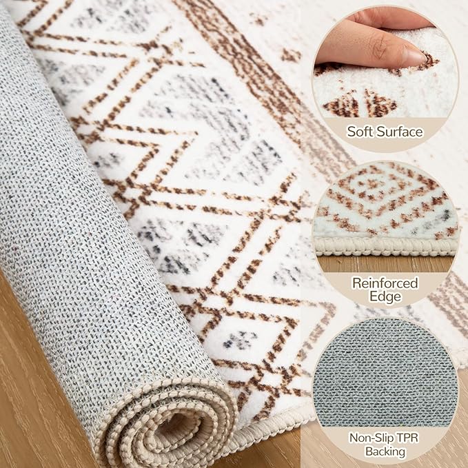 BESTSWEETIE 6x9 Area Rugs for Living Room Washable Moroccan Farmhouse Neutral Geometric Low Pile Non-Slip Soft Print Pattern Rug for Bedroom Kitchen Dining Room Entryway Cream/Brown/Pink