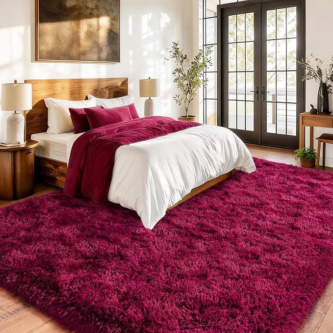 Burgundy Plush Rug for Living Room Fuzzy Carpet for Bedroom Dorm, Non-Slip High Pile Rug, Shag Rug for Playroom Nursery Home Office Decor 5X7 Ft