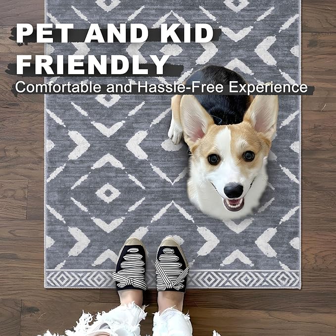 KILOCOCO Living Room Rug 5x7 Area Rug Printed Boho Washable Bedroom Rugs Non Slip Soft Large Moroccan Rubber Backed Indoor Rugs for Dining Room Office Farmhouse Geometric Carpet,Dark Grey