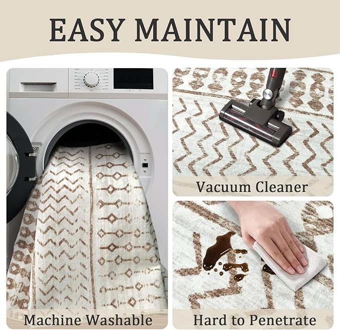 6x9 Machine Washable Area Rug for Living Room, Brown White Vintage Moroccan Rug Large Non-Slip Low Pile Soft Faux Wool Carpet, Kids and Pets Friendly for Bedroom Dining Room Farmhouse Home Decor Rug