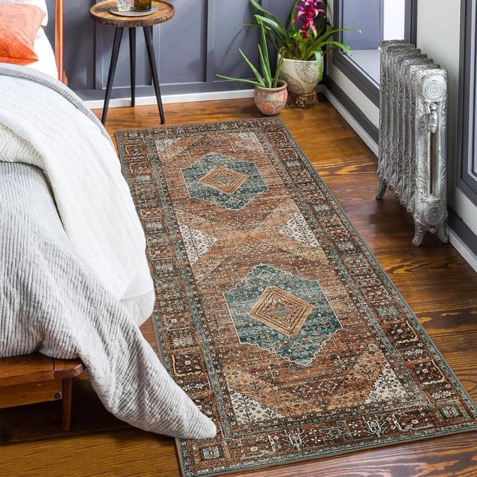 Bavni Runner Rug 2x7 Kitchen Rugs for Hallways Entryway, Washable Print Carpet, Low Pile Lightweight Rug with Non Slip Backing, Vintage Brown/Blue