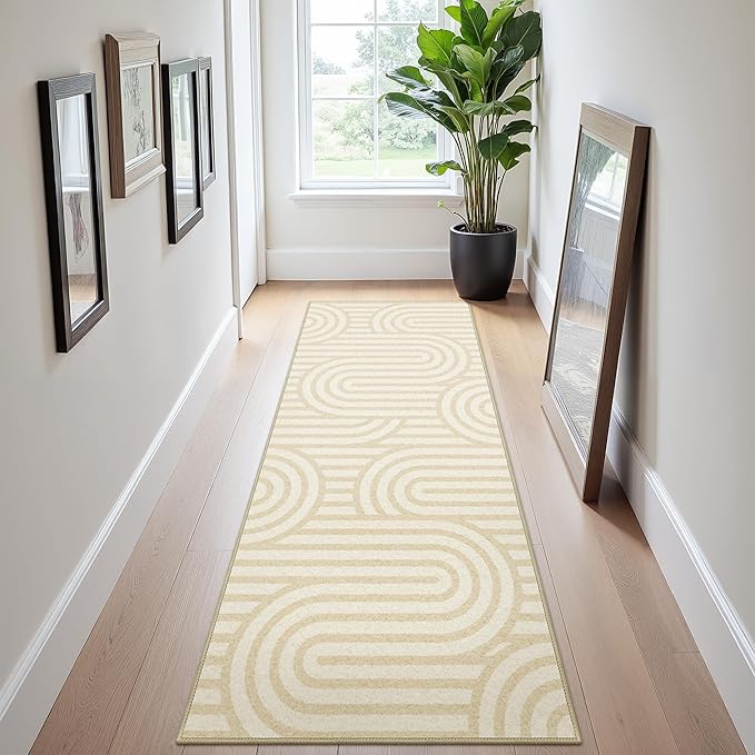 Bavni Washable Runner Rug, Soft Modern Printed Rug Runner, Abstract 2x5 Runners for Hallways, Kitchen, Laundry, Abstract Brown Beige