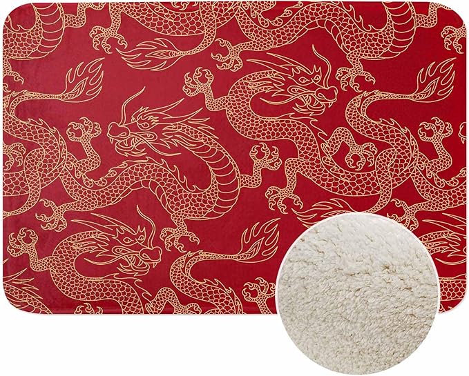 Dragon Bath Mat for Bathroom Traditional Flying Mascot Animal Chinese Dragons Red Bath Rugs Door Mat Non Slip Rubber Backed Bathroom Floor Mat for Bathtub Sink Shower 16"X24"