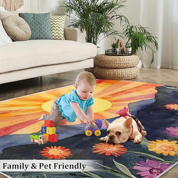 Boho Sun Area Rugs 6x8ft, Radiant Sunburst Living Room Area Rug, Geometric Solar Play Rug with Carpet Tape Double Sided for Bedroom Office Home Decor