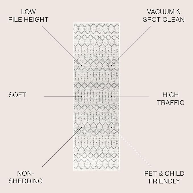 JONATHAN Y Boho Vintage Diamond Cream/Gray Runner Rug 2X14 ft, Moroccan Hype for Living Room, Bedroom, Kitchen, Office, Easy-Cleaning, High Traffic, Pet-Friendly, Non-Shedding (MOH101B-214)
