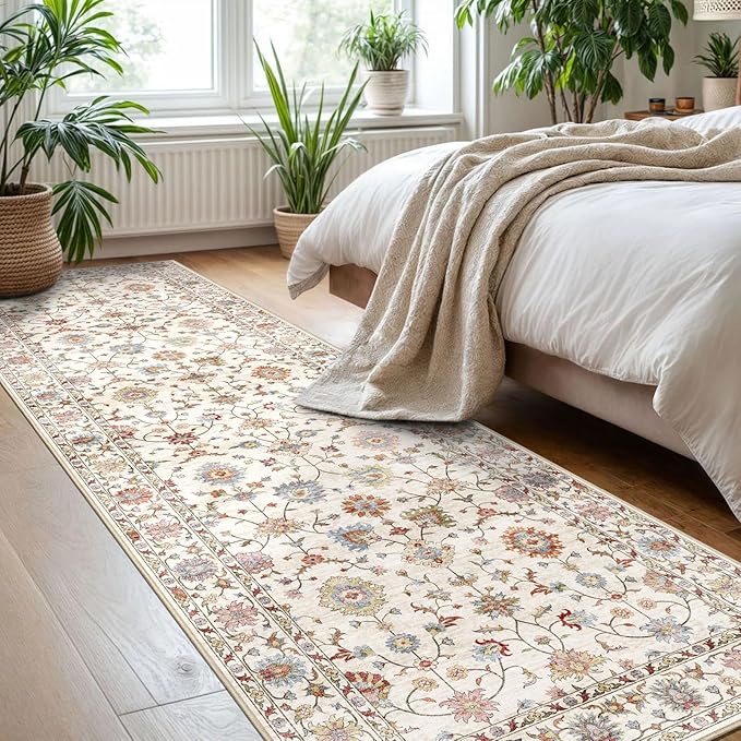 Runner Rugs for Hallway 2.5x10ft - Long Non-Slip Cream Colorful Washable Boho Runner Rug Low Pile Soft Vintage Bohemian Traditional Floral Carpet for Kitchen Living Room Entryway Bedroom Foyer